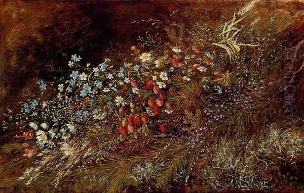 A Bouquet of Summer Fruits and Fowers on a Mossy Bank Oil Painting by Olga Wisinger-Florian