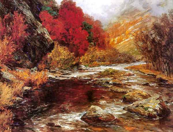 A River in an Autumnal Landscape Oil Painting by Olga Wisinger-Florian