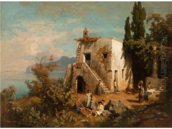 sudlandische Landschaft Mit Mauerturm Uber Einer Meeresbucht Oil Painting by August Wilhelm Leu