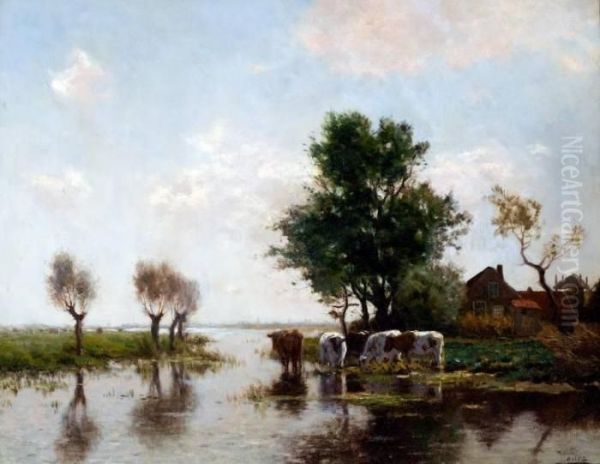 Koeien Aan De Waterkant Oil Painting by Johannes Karel Leurs