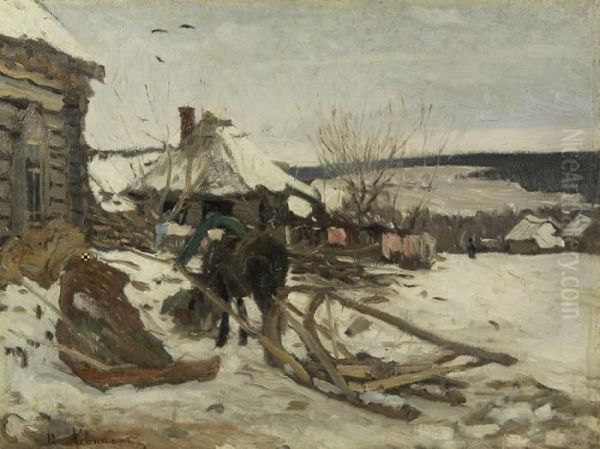 Horse-drawn Sled In The Winter Oil Painting by Isaak Il Ich Levitan