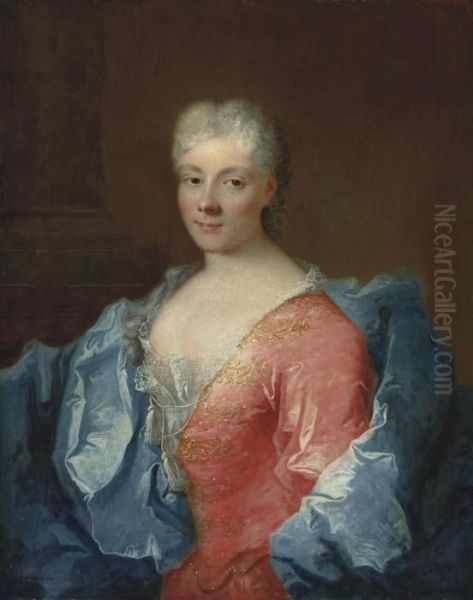 Portrait Of A Lady, Half-length, In A Pink Embroidered Dress And Blue Wrap Oil Painting by Robert Tournieres