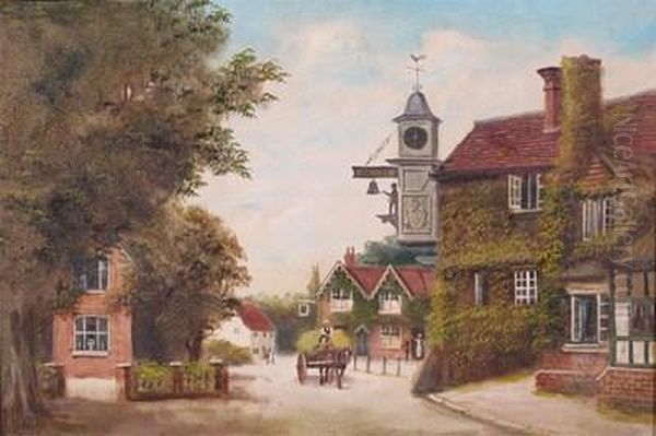 Abinger Hammer, Nr. Dorking; Village Cross, Garsington, Nr. Oxford Oil Painting by J. Lewis