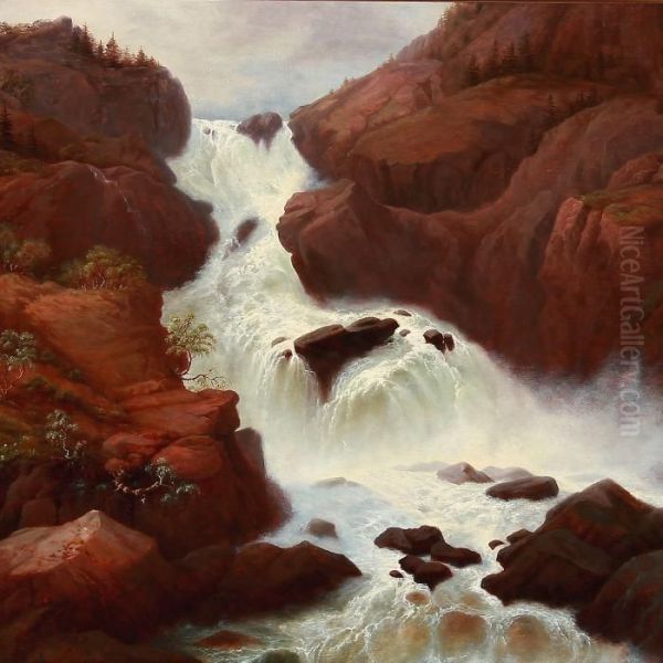 A Waterfall Oil Painting by Georg Emil Libert