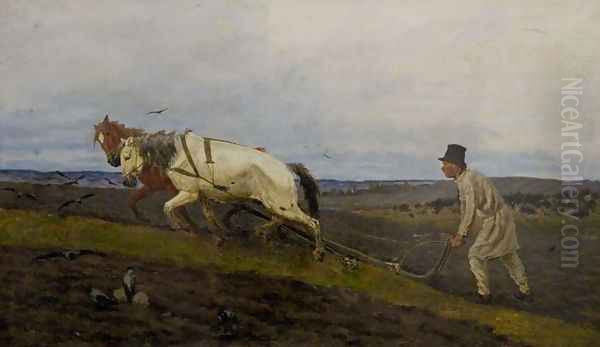 Ploughing Oil Painting by Stanislaw Witkiewicz