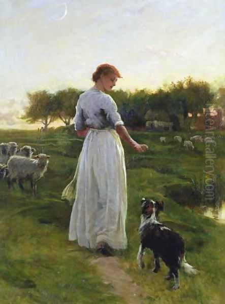 A Shepherdess with her Dog and Flock in a Moonlit Meadow Oil Painting by George Faulkner Wetherbee