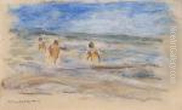 Boys In The Wave Breaking Oil Painting by Max Liebermann