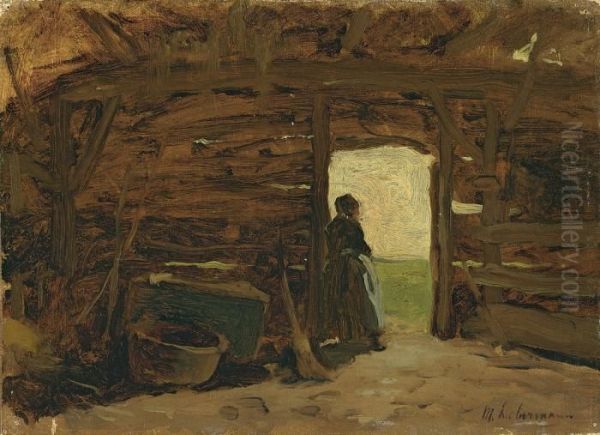 Bauersfrau In Einem Schuppen ? Blick Aus Der Tur Auf Dunenlandschaft Oil Painting by Max Liebermann