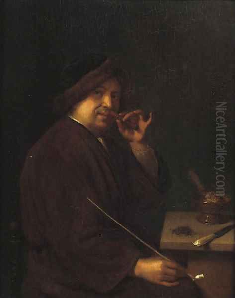 A young man seated at a table holding a cigar in one hand and a pipe in the other; an Allegory of Smell Oil Painting by Mathijs Wulfraet