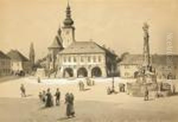 The Town Square In Velvary Oil Painting by Karl Liebscher