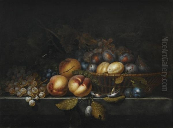 Nature Morte Au Peches, Prunes Et Grappes De Raisin Dans Un Panier Sur Un Entablement Oil Painting by Paul Liegeois