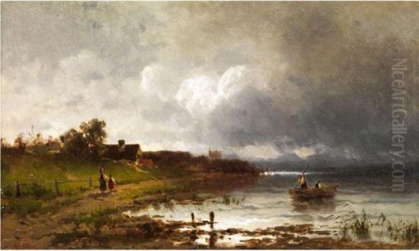 Gewitterstimmung Am Seeufer Oil Painting by Adolf Heinrich Lier