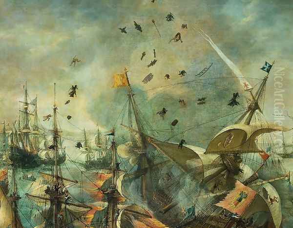 Explosion of the Spanish Flagship in the Battle of Gibraltar, 1607 [detail #1] Oil Painting by Cornelis Claesz van Wieringen