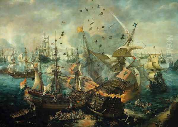 Explosion of the Spanish Flagship in the Battle of Gibraltar, 1607 Oil Painting by Cornelis Claesz van Wieringen