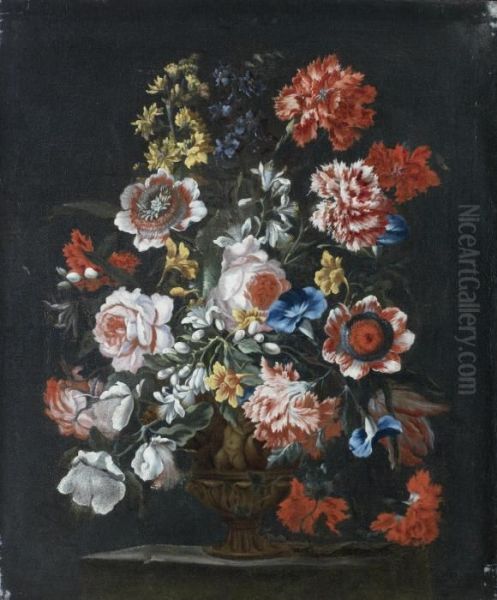 Roses, Carnations, Convolvulus And Other Flowers In A Bronze Urn On A Stone Ledge Oil Painting by Bartolomeo Ligozzi