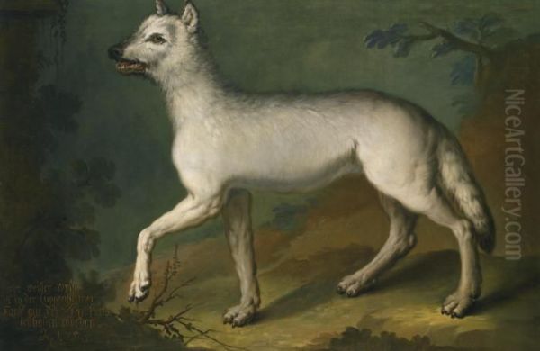 A White Wolf In A Landscape Oil Painting by Heinrich Lihl