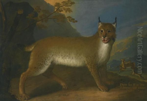 A Wild Lynx In A Landscape Oil Painting by Heinrich Lihl