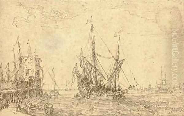 A seaport with a man o'war, figures along a pier Oil Painting by Cornelis Claesz van Wieringen