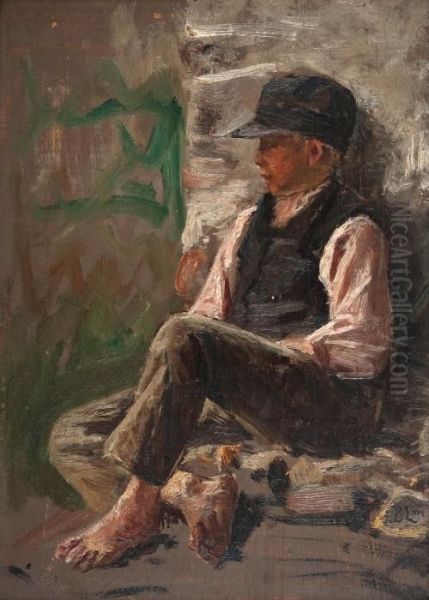 A Boy Enjoying The Sunshine Oil Painting by Berndt Adolf Lindholm