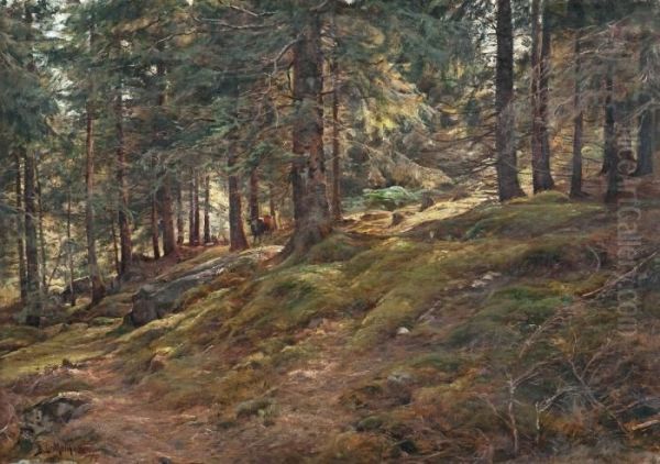 Sunlight In The Woods Oil Painting by Berndt Adolf Lindholm