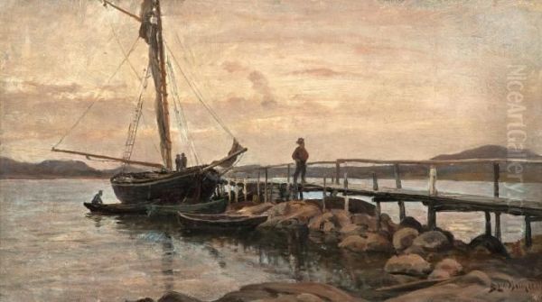 Boats At The Jetty Oil Painting by Berndt Adolf Lindholm