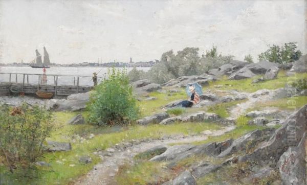 Ung Kvinna Med Parasoll I Sommarlandskap Oil Painting by Axel Lindman