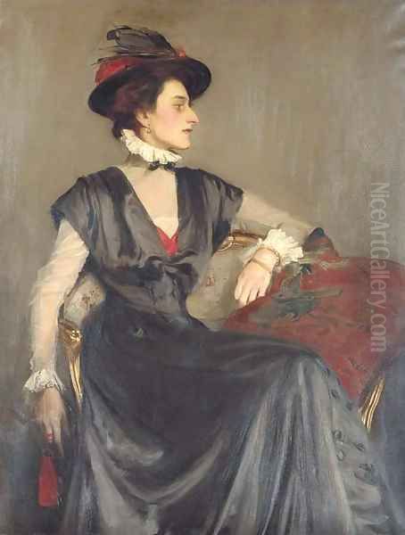 Portrait of Monica Boyd, three-quarter-length, seated in a black dress and red-feathered hat Oil Painting by George Spencer Watson