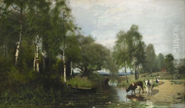 Sommarlandskap Oil Painting by Arvid Mauritz Lindstrom