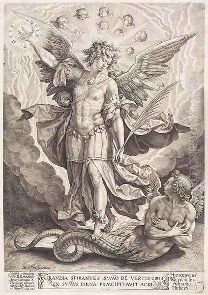 St Michael Slaying the Dragon 1584 Oil Painting by Hieronymus or Jerome Wierix