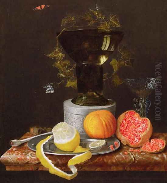 A Still Life with a Glass and Fruit on a Ledge Oil Painting by Wilhelm Ernst Wunder