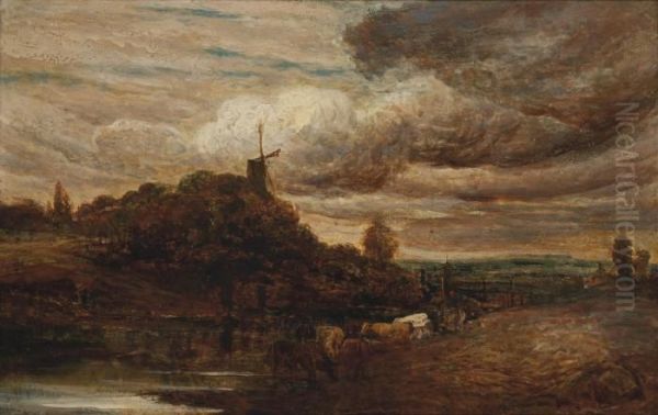 A River Landscape With A Windmill And Cattle Oil Painting by John Linnell