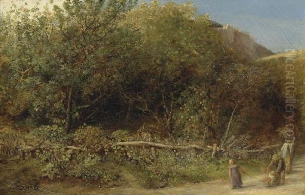 Figures On A Wooded Track Oil Painting by John Linnell