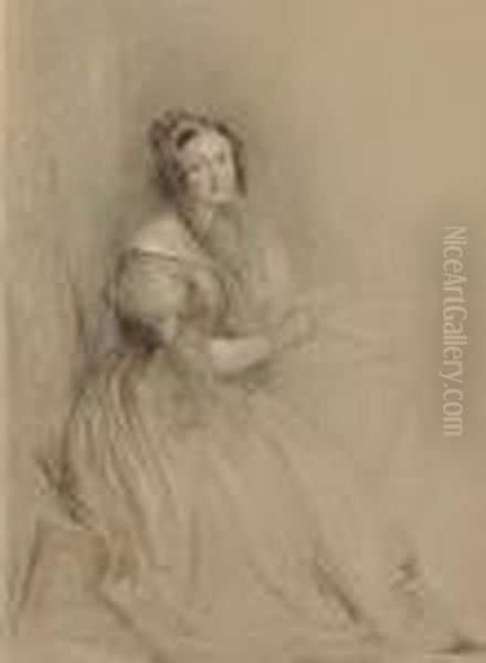 R.a. Portrait Of Mrs Nasmyth, 
Full-length, Seated And Holding A Letter In Her Right Hand Signed And 
Dated 'j Linnell Fe 
C 
T 
 1836' Pencil And Coloured Chalks With Brown Wash On Buff Paper 23 3/8 X
 17 In Oil Painting by John Linnell