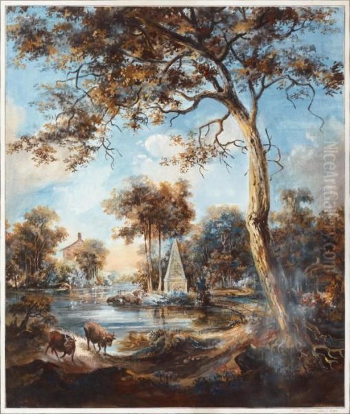 Insjolandskap Med Boskap Och Byggnader Oil Painting by Jonas Carl Linnerhjelm