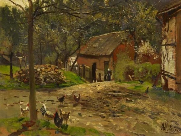 Spring Day At The Homestead Oil Painting by Adolf Lins