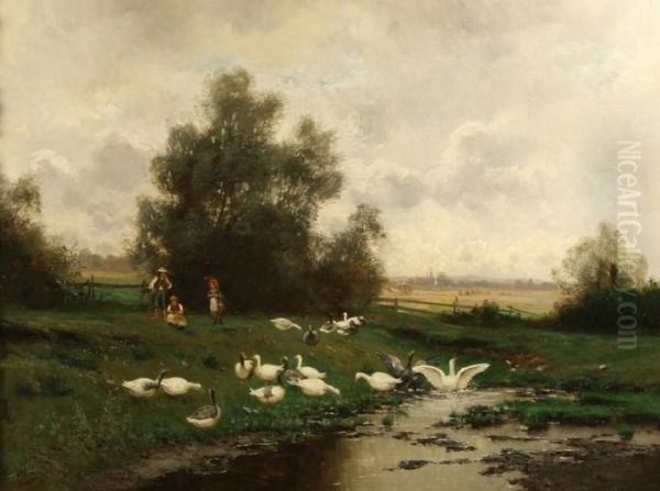 Geese By A Pond Oil Painting by Adolf Lins