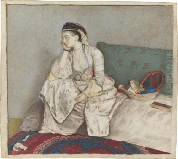 A Pensive Woman On A Sofa Oil Painting by Etienne Liotard