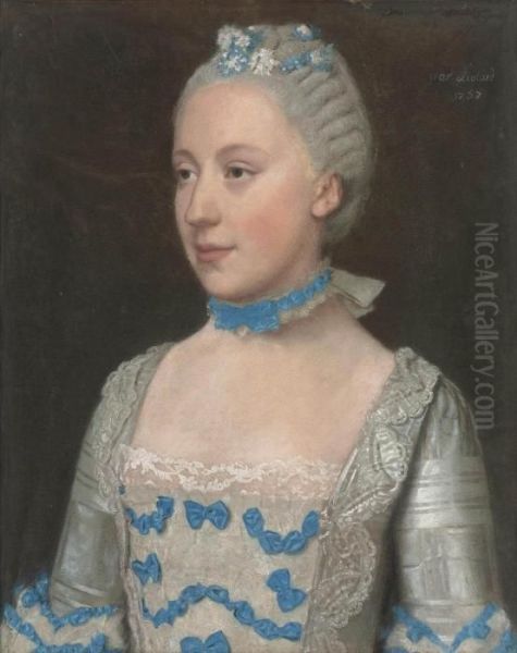 Portrait Of Madame Saint Pol, 
Half-length, In A Light Blue Gown Trimmed With Blue Silk Bows And White 
Lace Oil Painting by Etienne Liotard