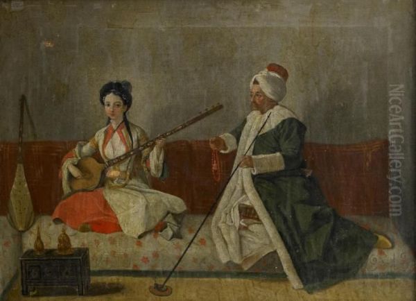 M.levett And Mlle Glavani Seated On A Sofa Oil Painting by Etienne Liotard