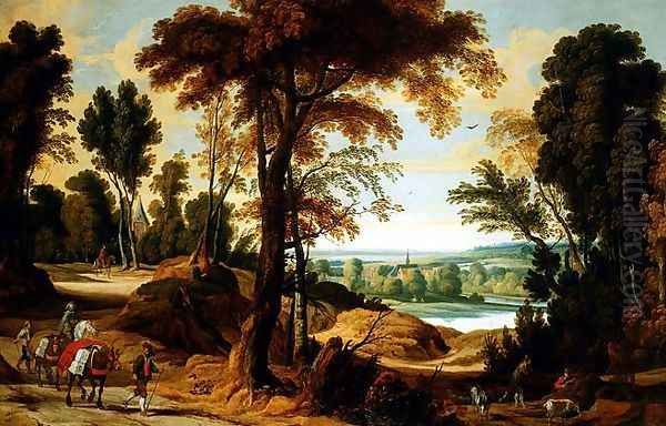 A wooded river landscape with figures on a road Oil Painting by Jan Wildens