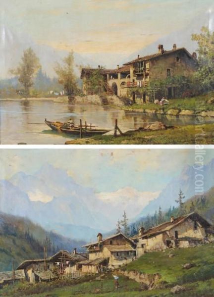 Paesaggio Lacustre Con Casolare Oil Painting by Romolo Liverani