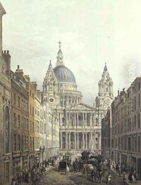 St. Paul's Cathedral, looking up Ludgate Hill, pub. 1852 by LLoyd Bros. & Co. Oil Painting by Edmund Walker