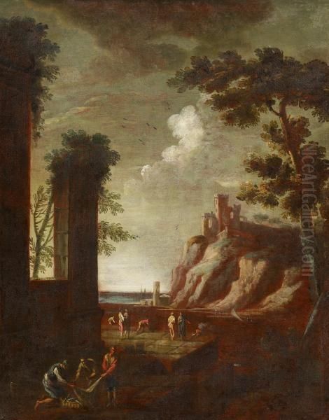 Italian Landscape With Figures Oil Painting by Andrea Locatelli