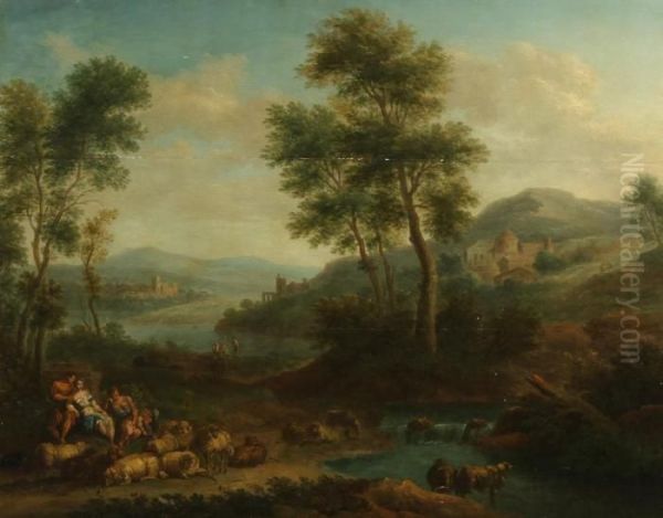 Sheepherders In A Landscape Oil Painting by Andrea Locatelli