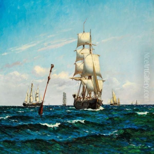 Numerous Sailing Ships At Sea Oil Painting by Carl Locher