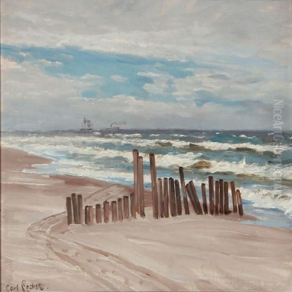 Seashore With A Wavebreaker Oil Painting by Carl Locher