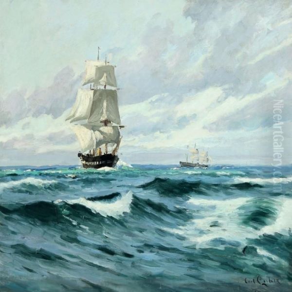 The Danish Frigate Jylland At Sea In Evening Light Oil Painting by Carl Locher