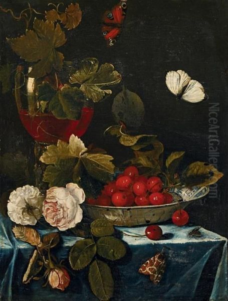 Stillleben Mit Rosen, Romer Und Chinesischer Schale Mit Kirschen Oil Painting by Harmen Loeding