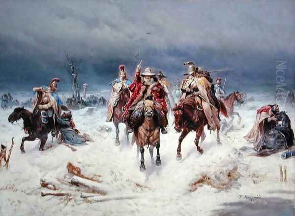 French Forces Crossing the River Berezina in November 1812, 1891 Oil Painting by Bogdan Willewalde