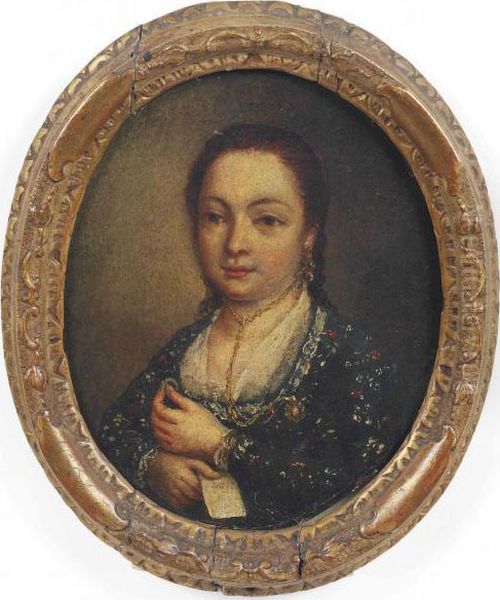 Portrait Of A Lady, Half-length,
 In A Blue Embroidered Dress, Holding A Ring In Her Left Hand And A 
Letter In Her Right Oil Painting by Pietro Longhi